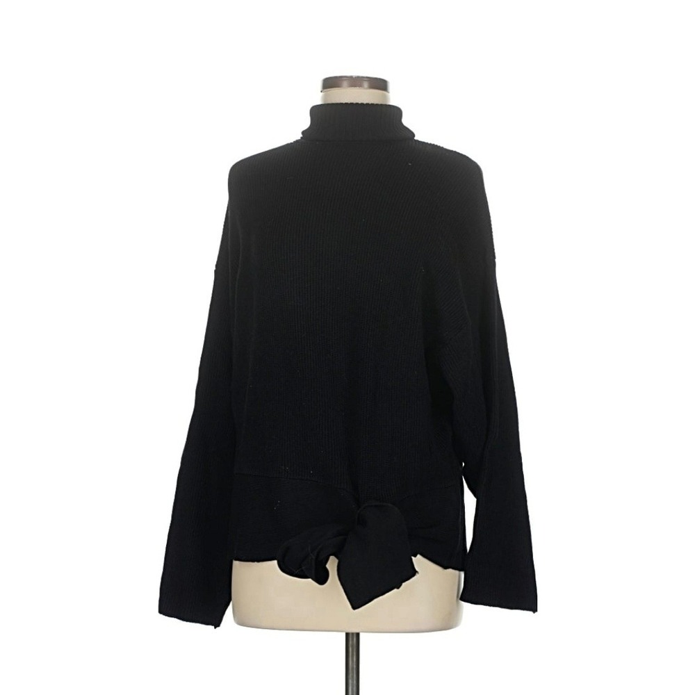Zara Knit Womens Medium Black Turtleneck Side Tie Ribbed Long Sleeve Sweater